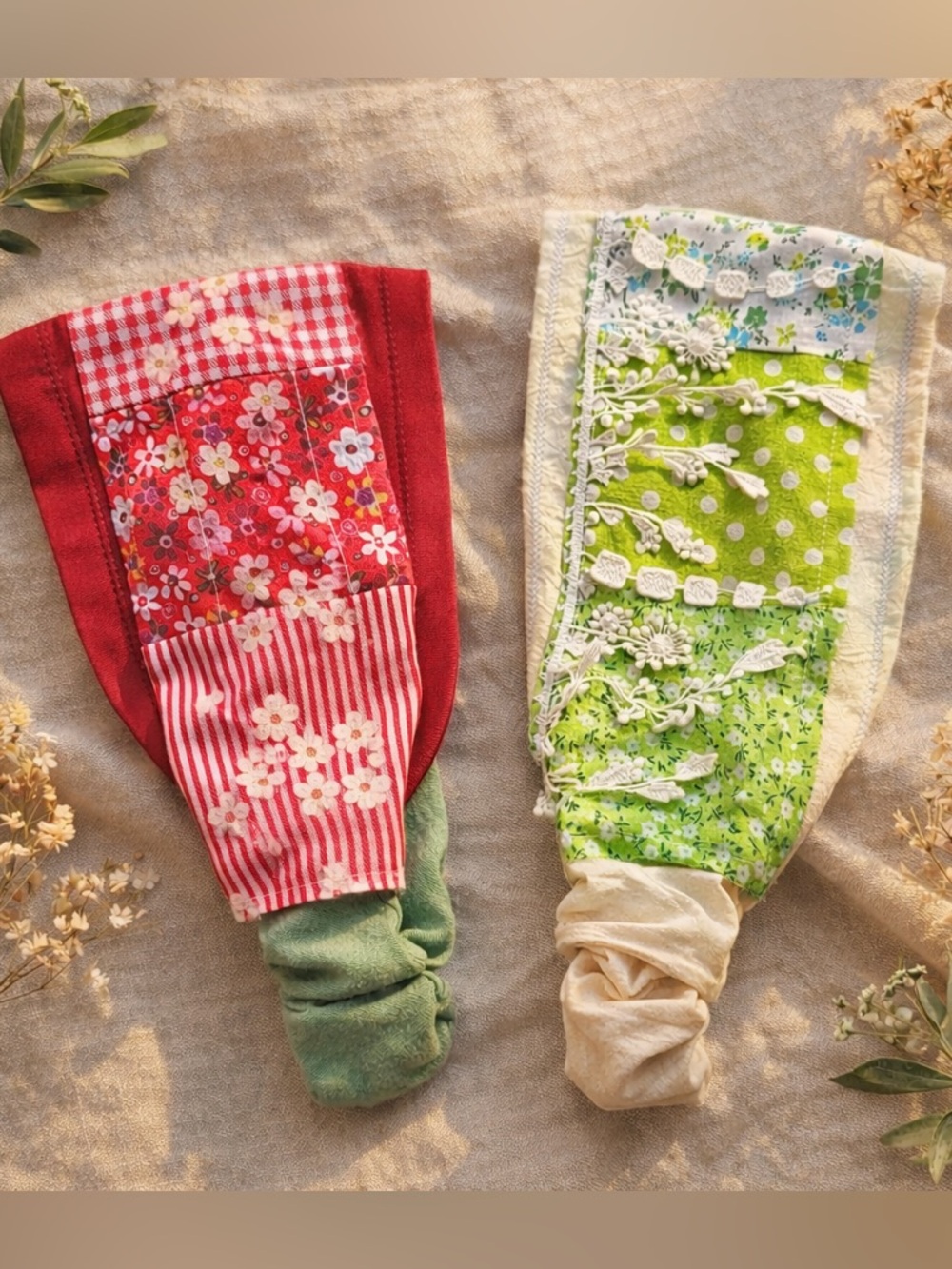 Boho Patchwork Wide Headbands Duo, Fits All Floral Lace Cotton Linen Hairbands